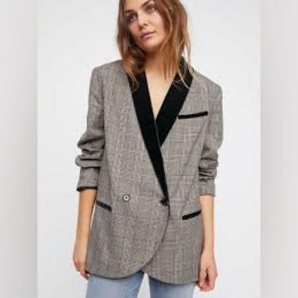 FREE PEOPLE Plaid Velvet Trim Blazer Oversized Tan Green  XS - Picture 2 of 7